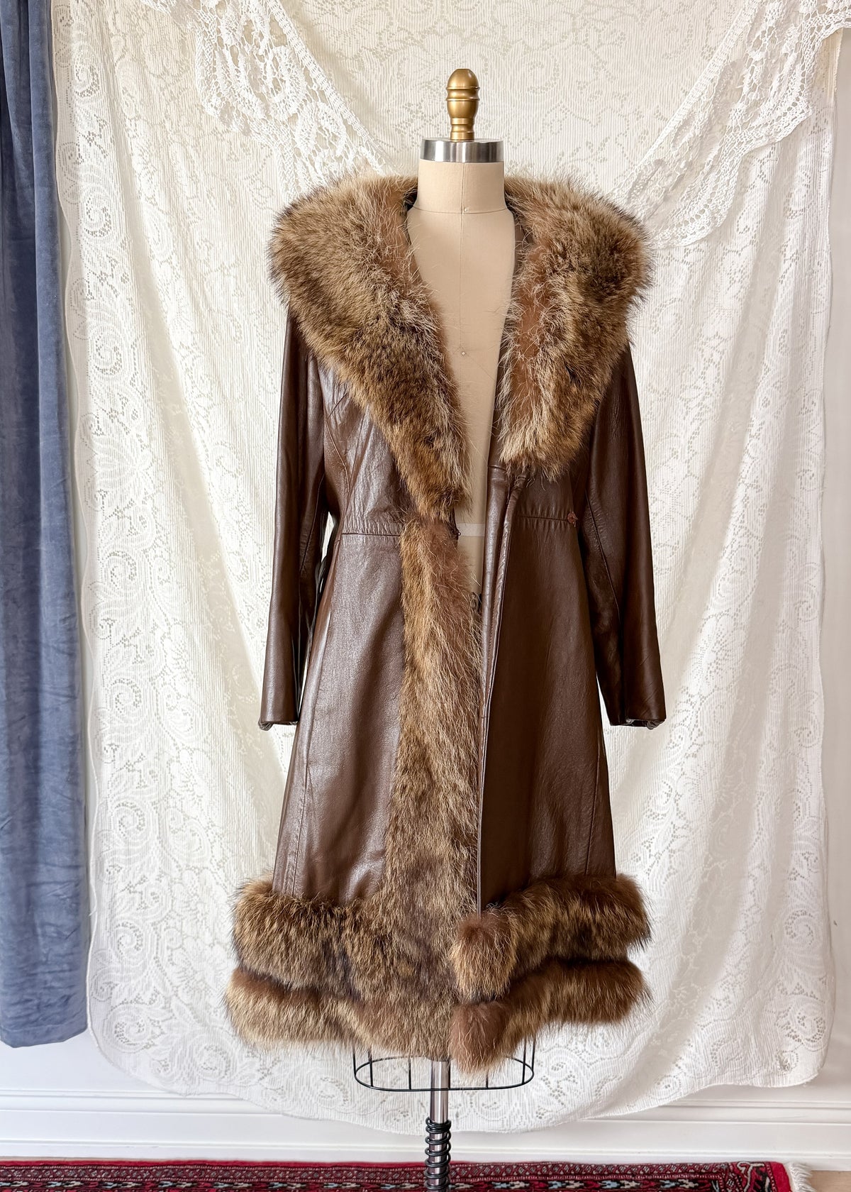 Vintage 70s Brown Leather Coat with Raccoon Fur Trim & Belt