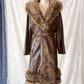 Vintage 70s Brown Leather Coat with Raccoon Fur Trim & Belt