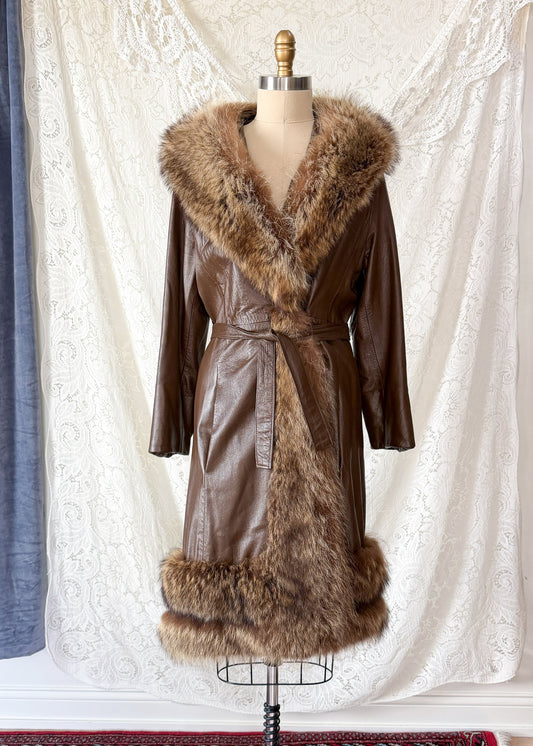 Vintage 70s Brown Leather Coat with Raccoon Fur Trim & Belt