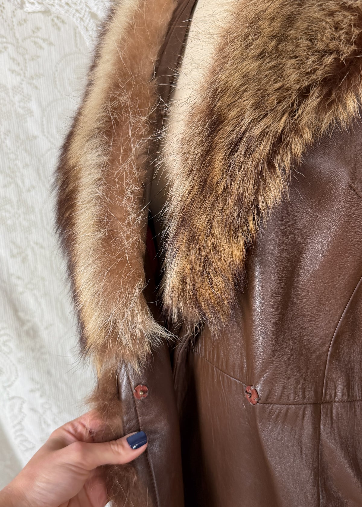 Vintage 70s Brown Leather Coat with Raccoon Fur Trim & Belt