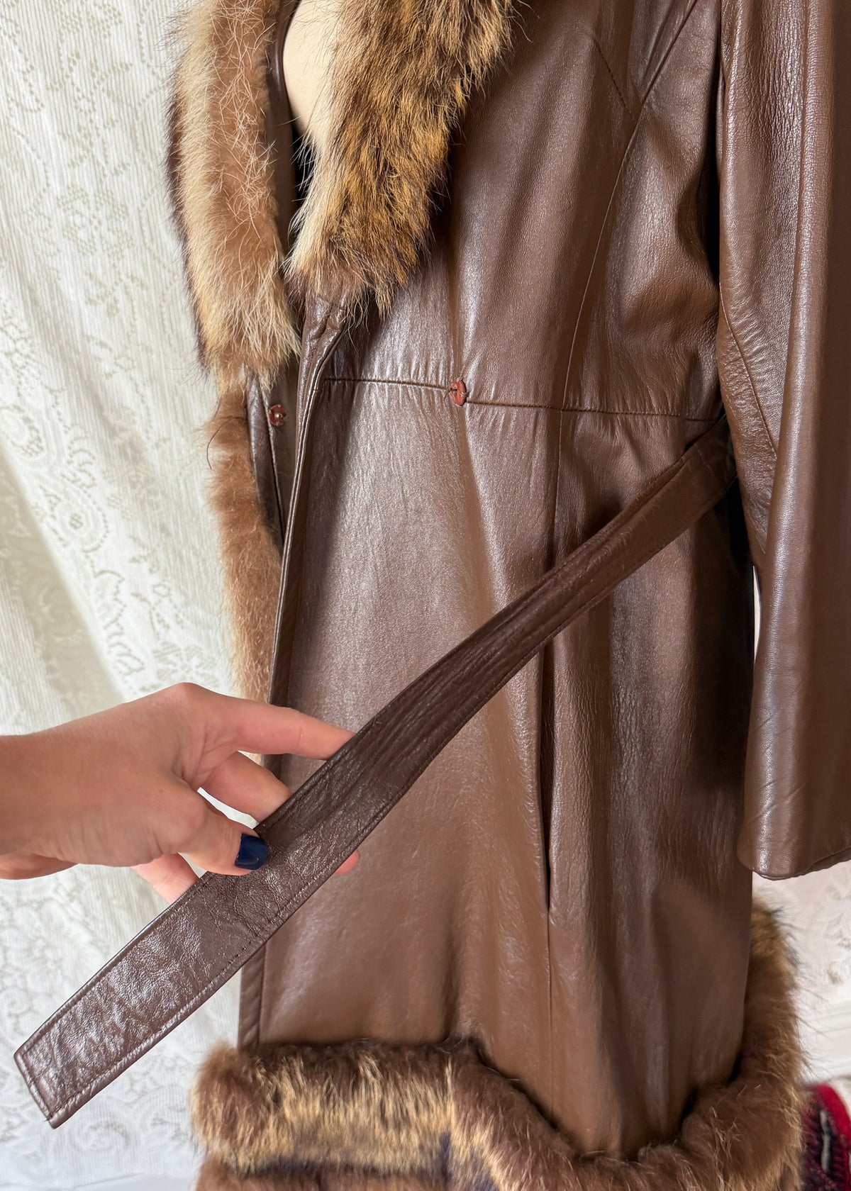 Vintage 70s Brown Leather Coat with Raccoon Fur Trim & Belt