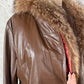 Vintage 70s Brown Leather Coat with Raccoon Fur Trim & Belt
