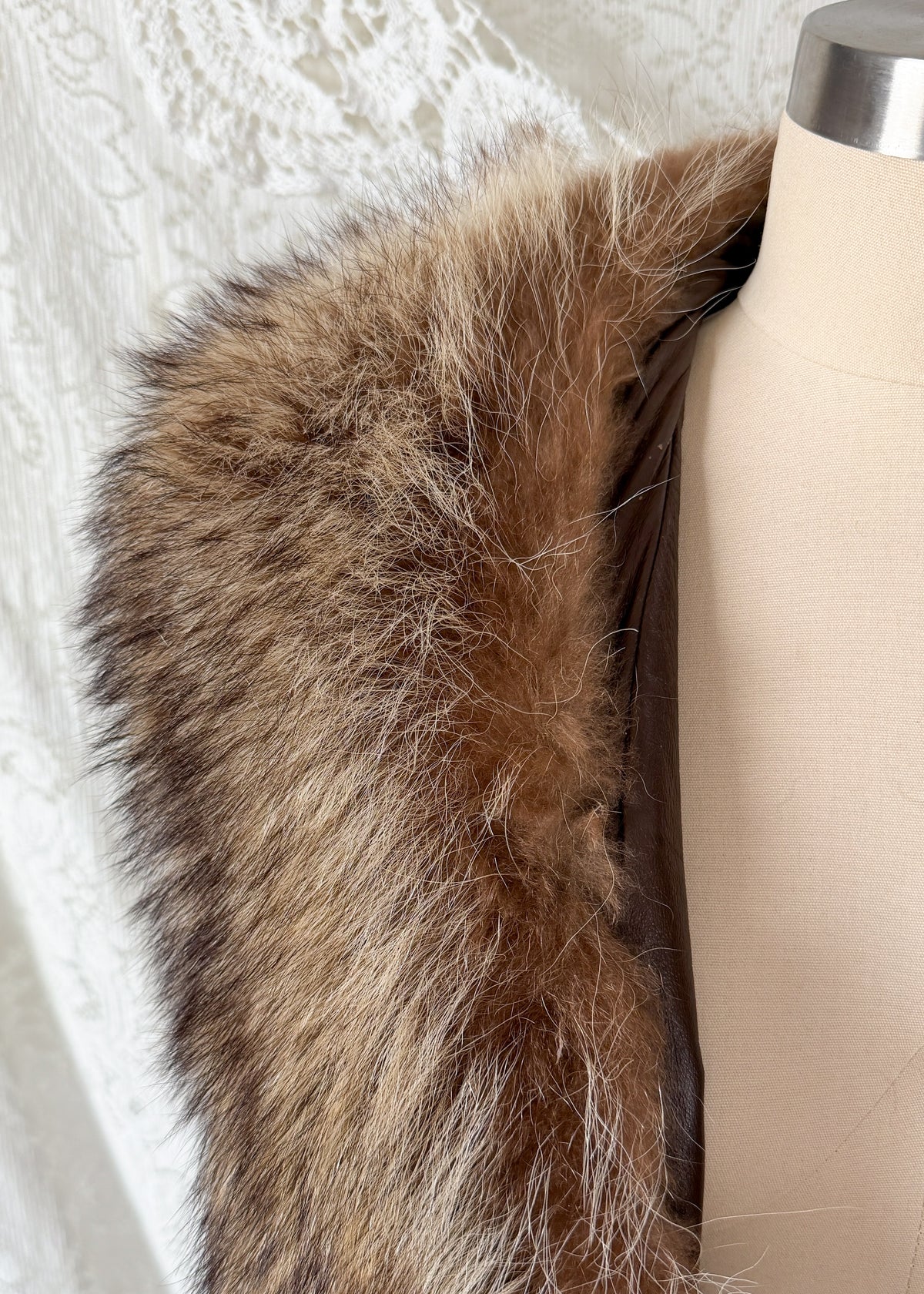 Vintage 70s Brown Leather Coat with Raccoon Fur Trim & Belt