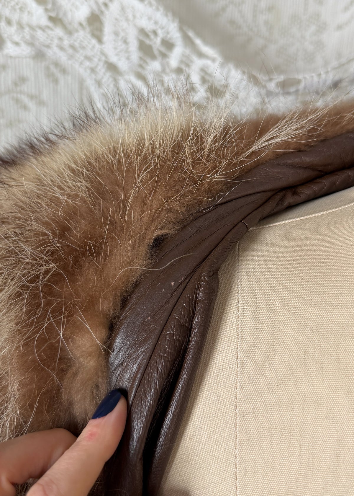 Vintage 70s Brown Leather Coat with Raccoon Fur Trim & Belt