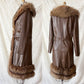 Vintage 70s Brown Leather Coat with Raccoon Fur Trim & Belt
