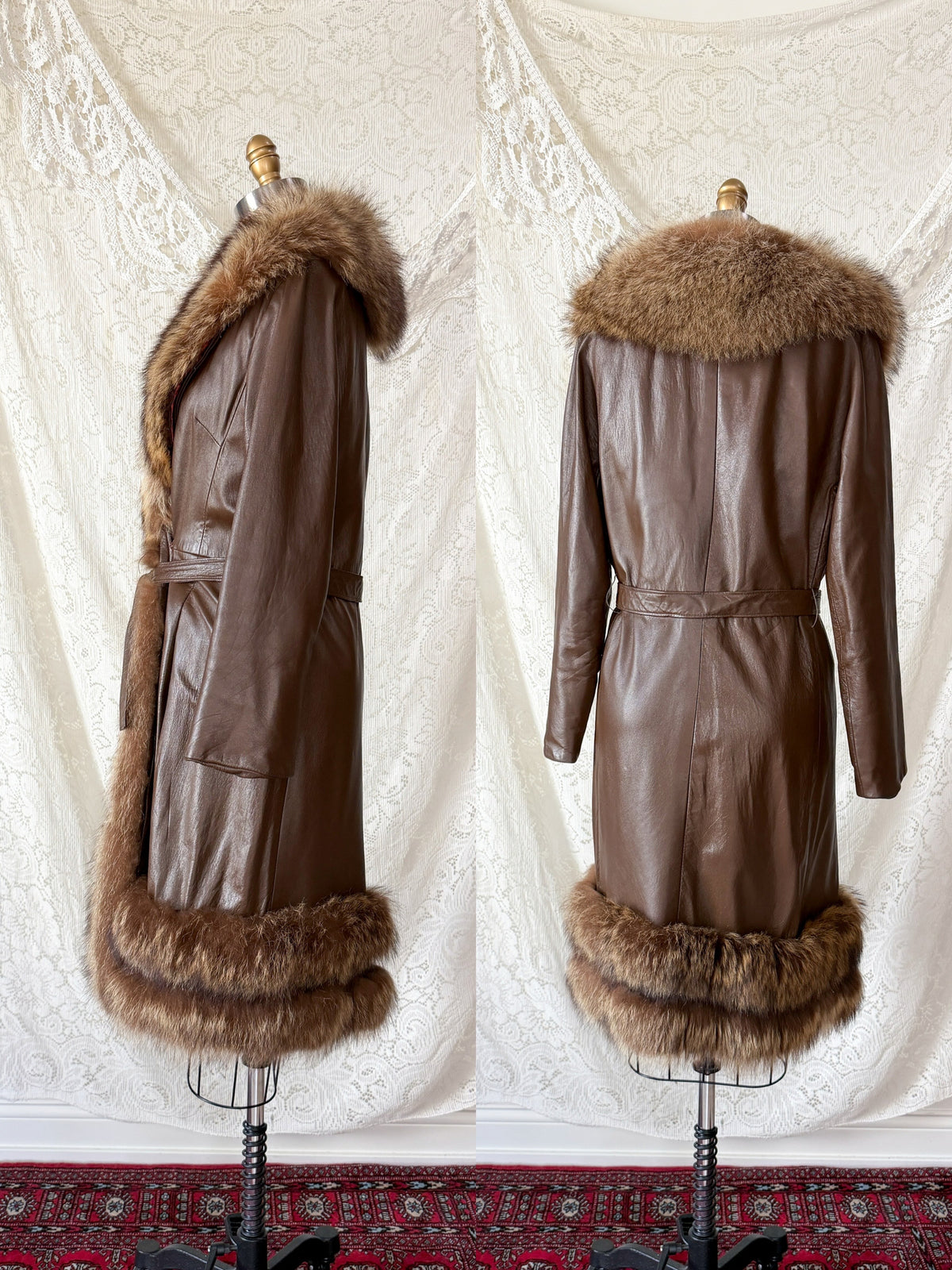 Vintage 70s Brown Leather Coat with Raccoon Fur Trim & Belt
