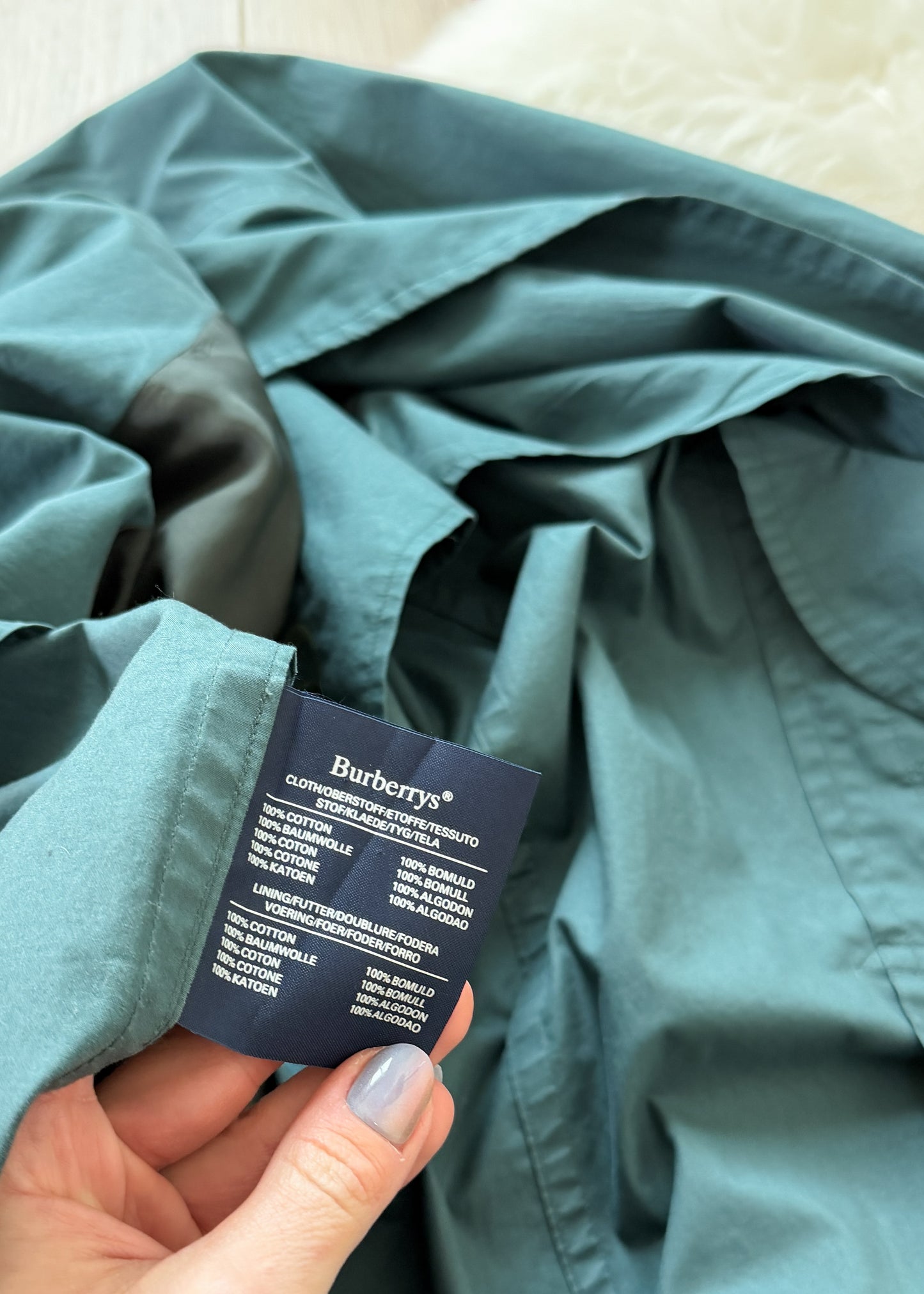 Vintage 90s Burberrys Dark Muted Teal Green Cotton Trench Coat