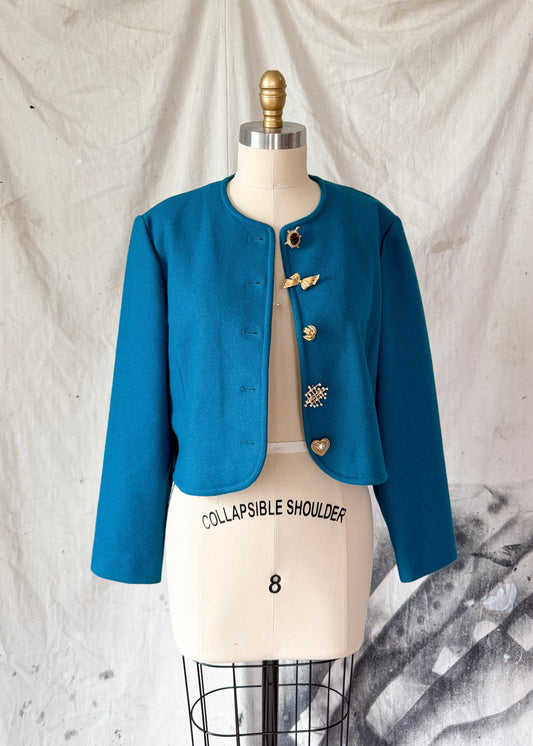 Vintage Pendleton Teal Wool Cropped Jacket Upcycled Brooches (M)