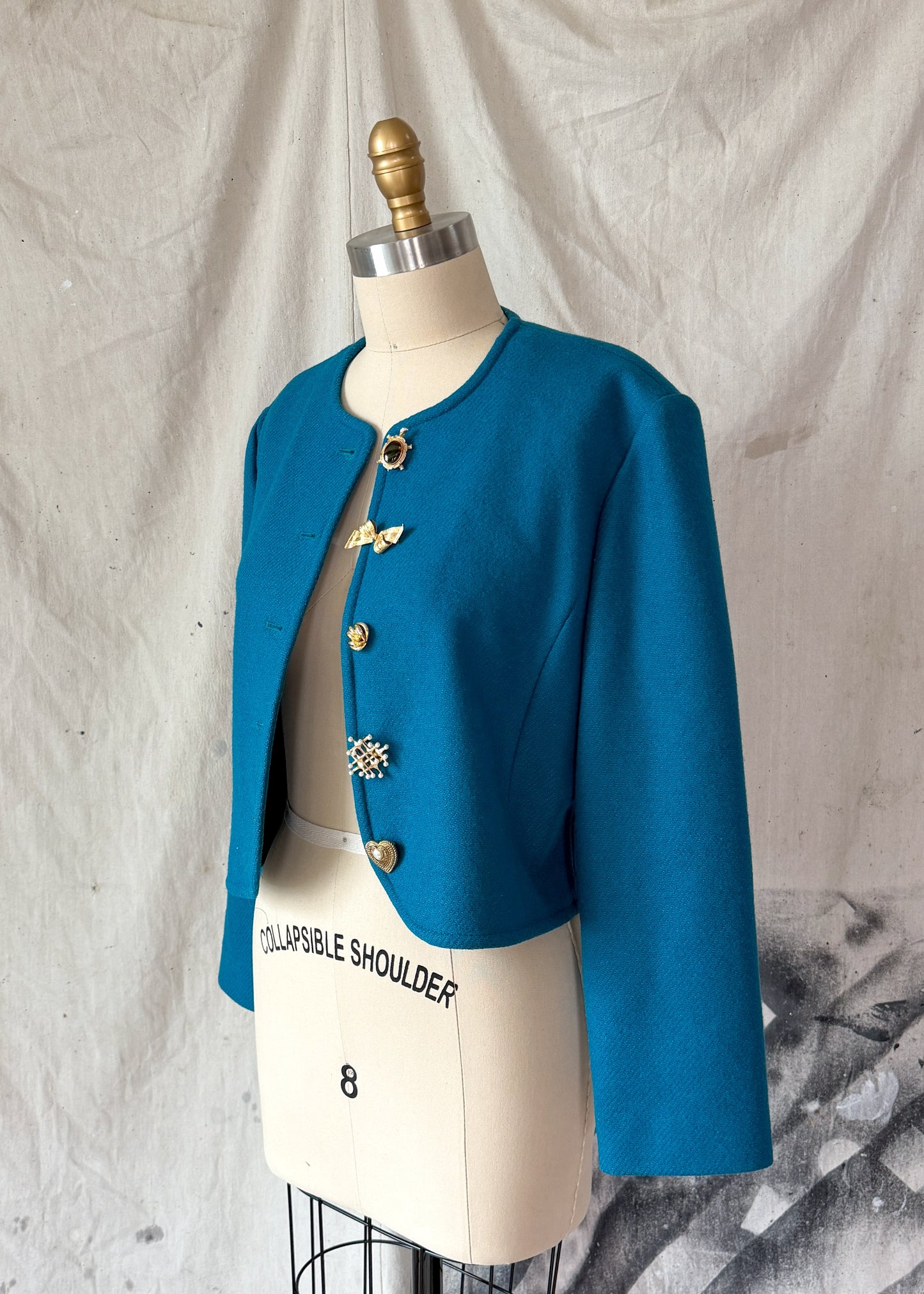 Vintage Pendleton Teal Wool Cropped Jacket Upcycled Brooches (M)