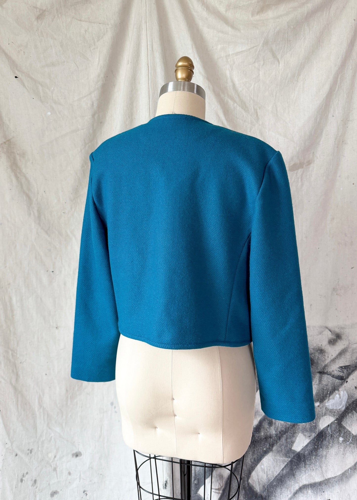 Vintage Pendleton Teal Wool Cropped Jacket Upcycled Brooches (M)