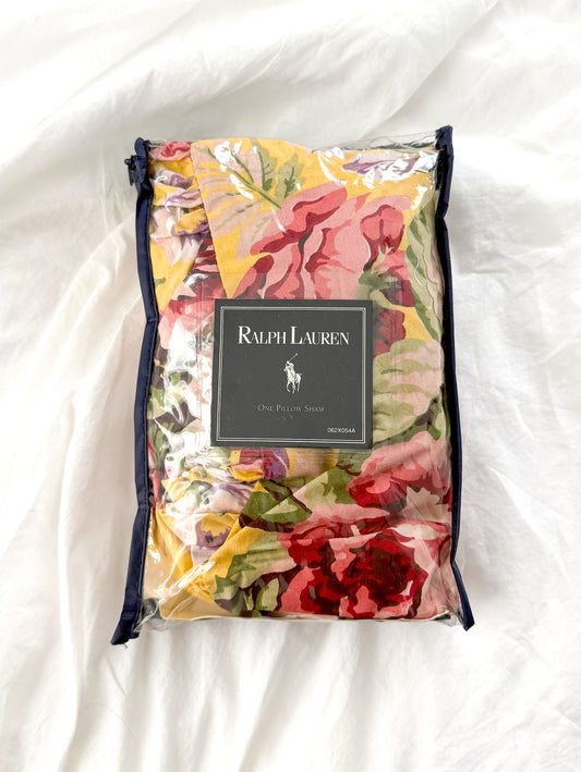Vintage 1990s Ralph Lauren Brooke Floral Yellow European Pillow Sham Bedding New Old Stock