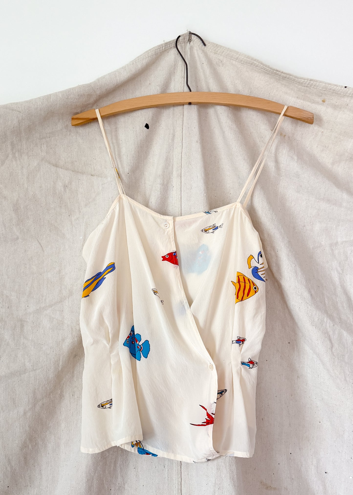 Vintage 80s Jack Mulqueen Cream Silk Fish Print Top Skirt Set