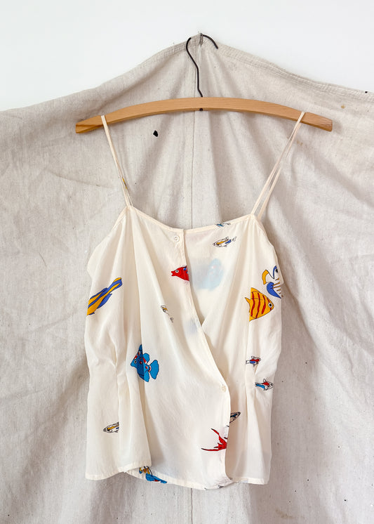 Vintage 80s Jack Mulqueen Cream Silk Fish Print Top Skirt Set