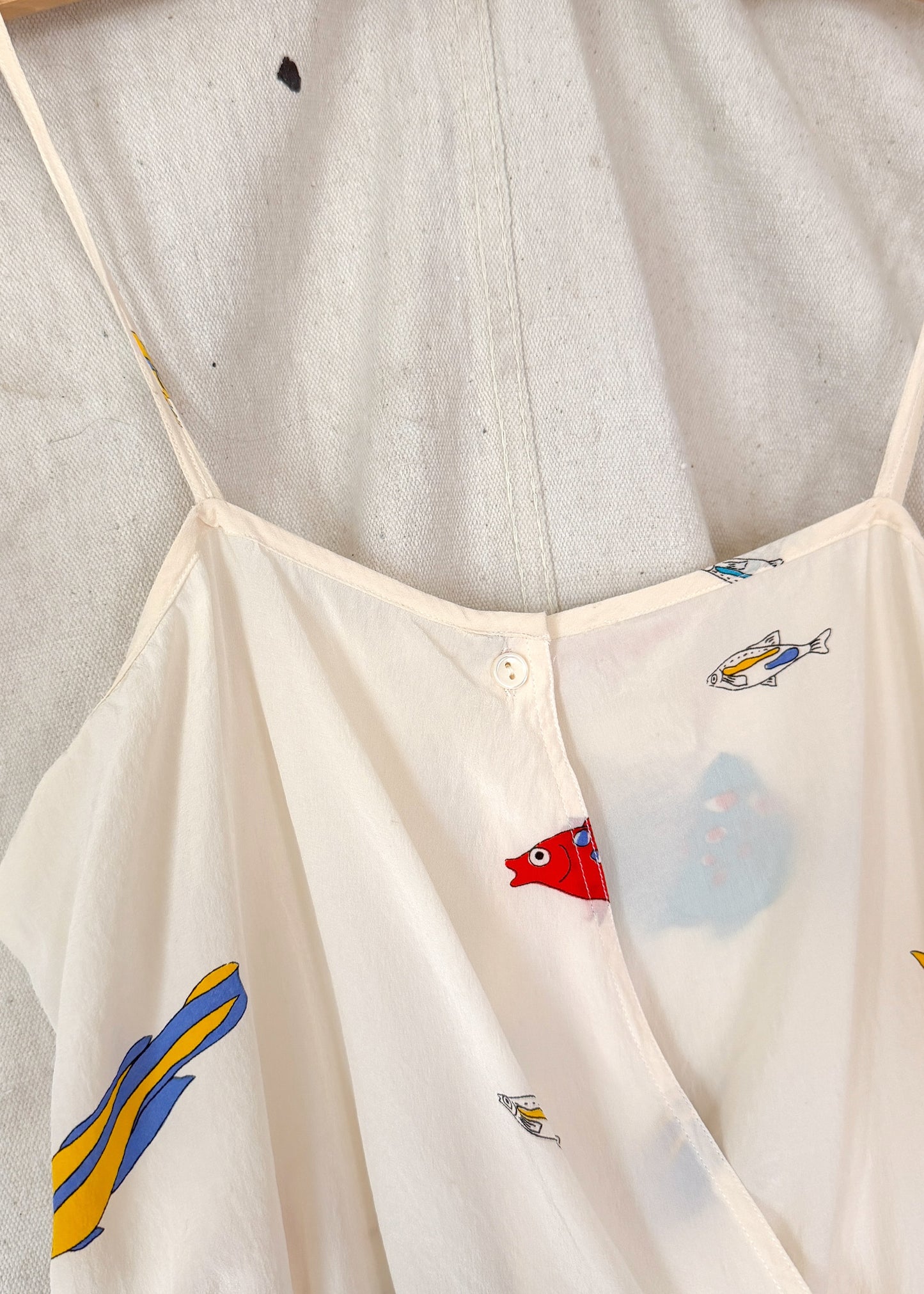 Vintage 80s Jack Mulqueen Cream Silk Fish Print Top Skirt Set