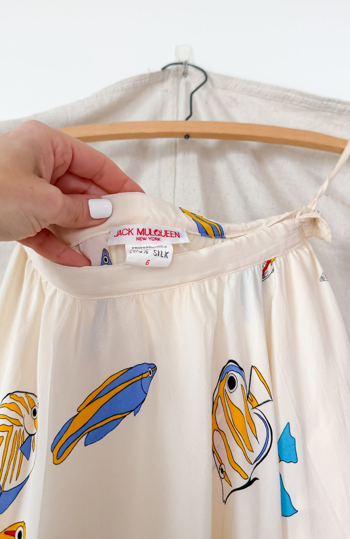 Vintage 80s Jack Mulqueen Cream Silk Fish Print Top Skirt Set