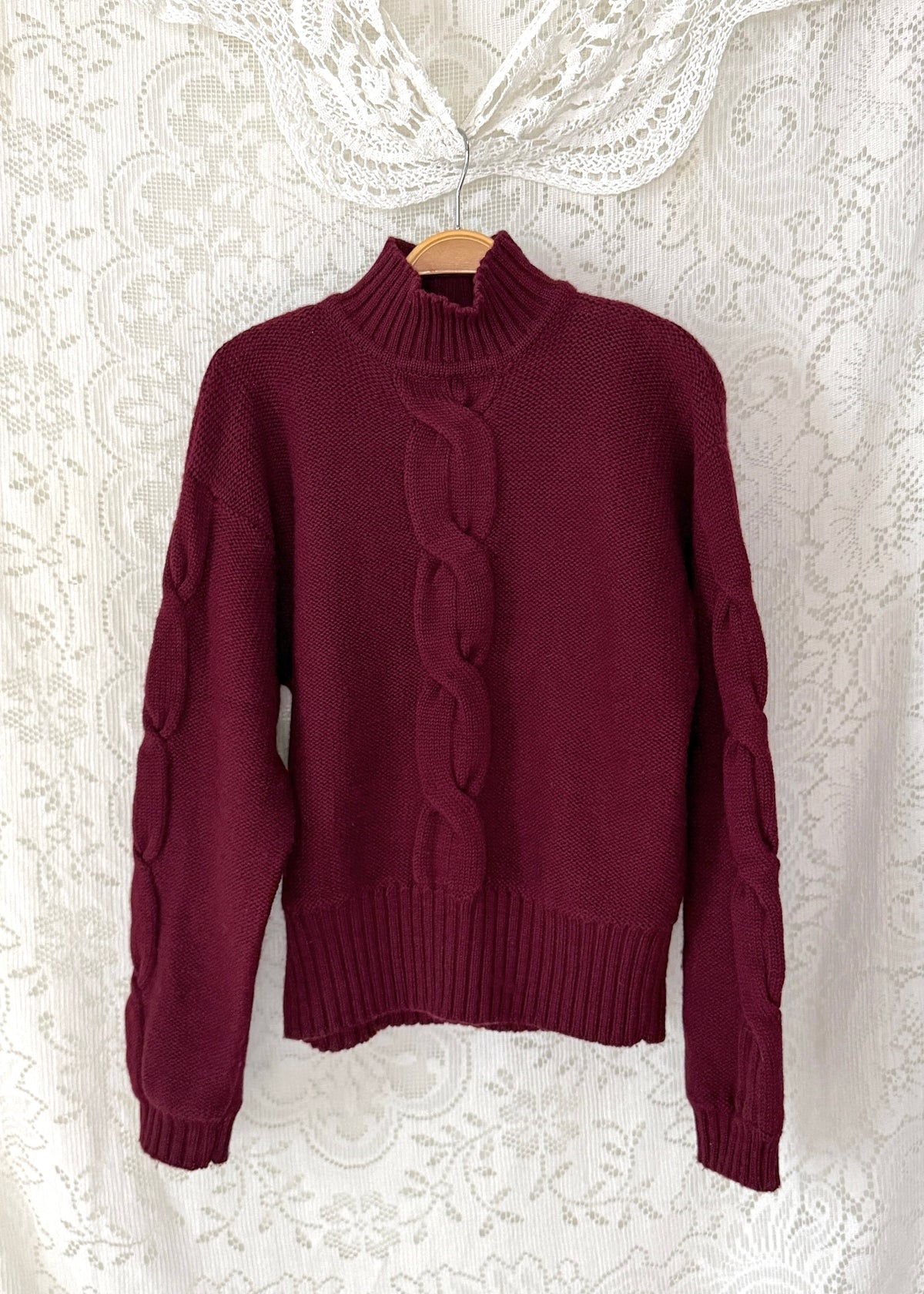 Vintage 80s Christian Dior Separates Burgundy Wool Cable Knit Turtleneck