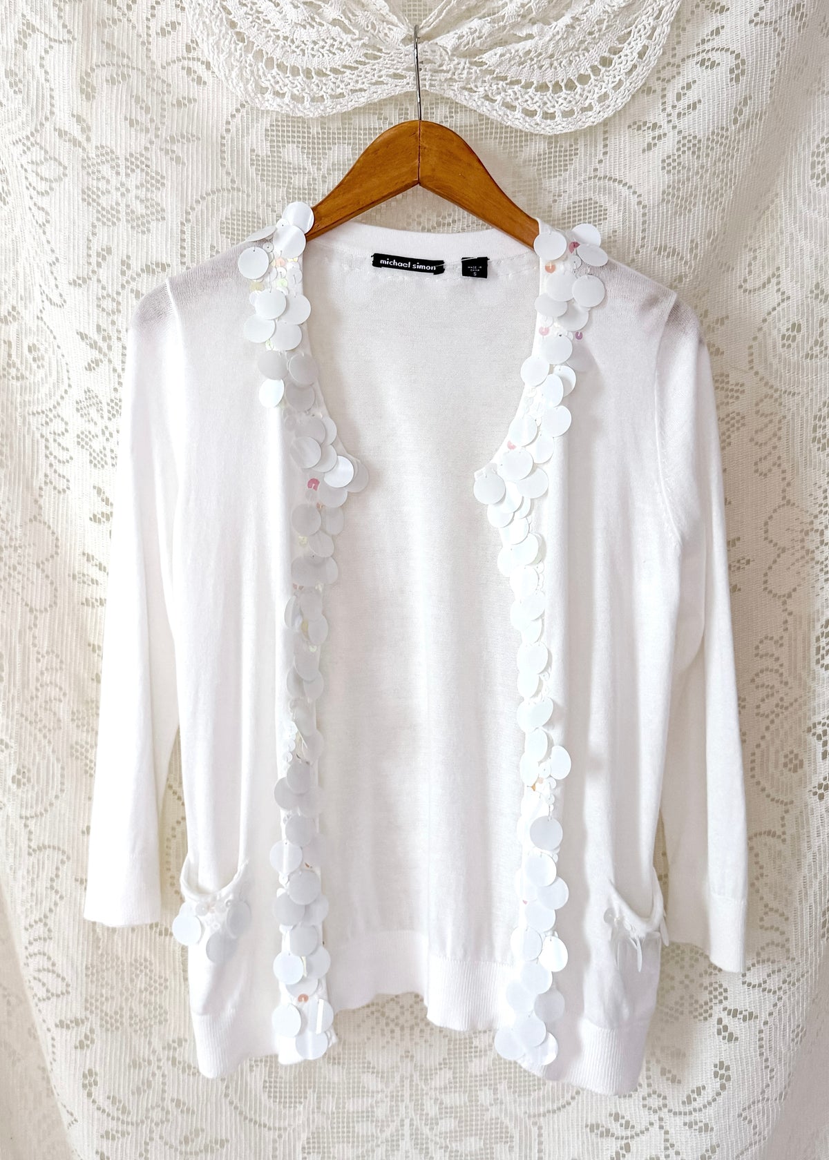 Michael Simon White Sequin Disc Embellished Cardigan (S)