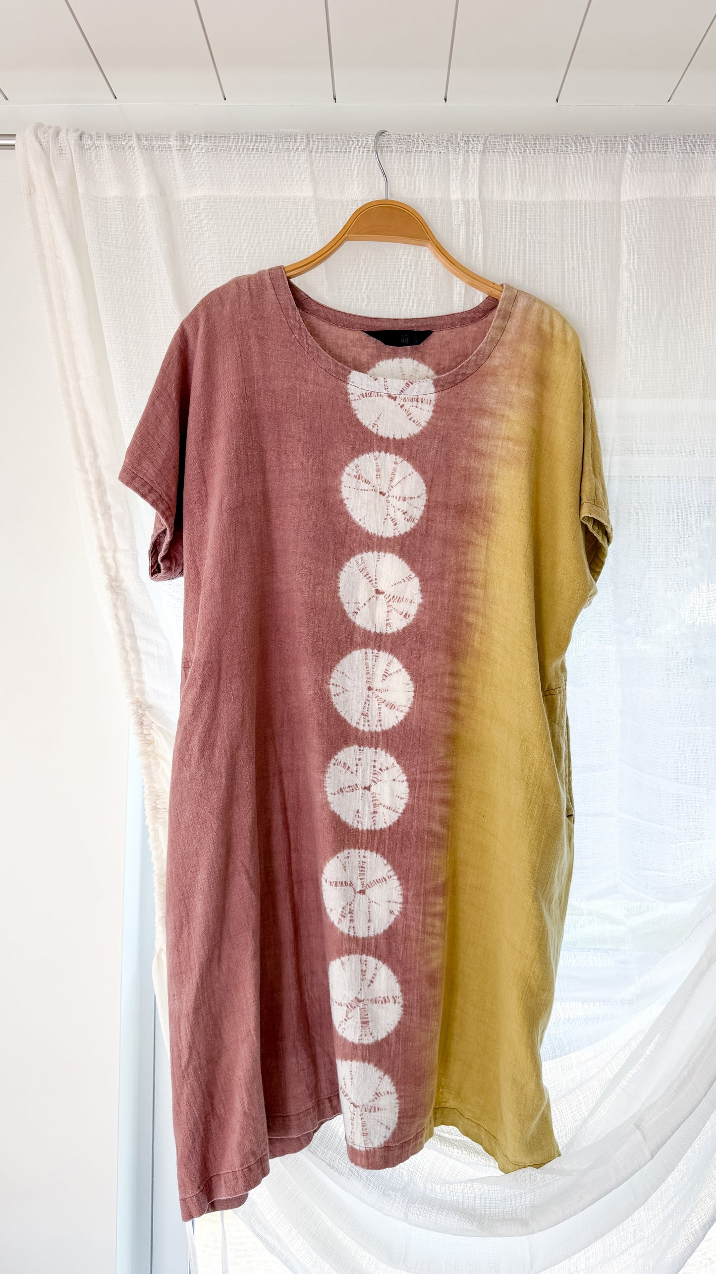 Moyuru Linen Blend Japanese Designer  Shibori Pocket Tunic Dress (M)