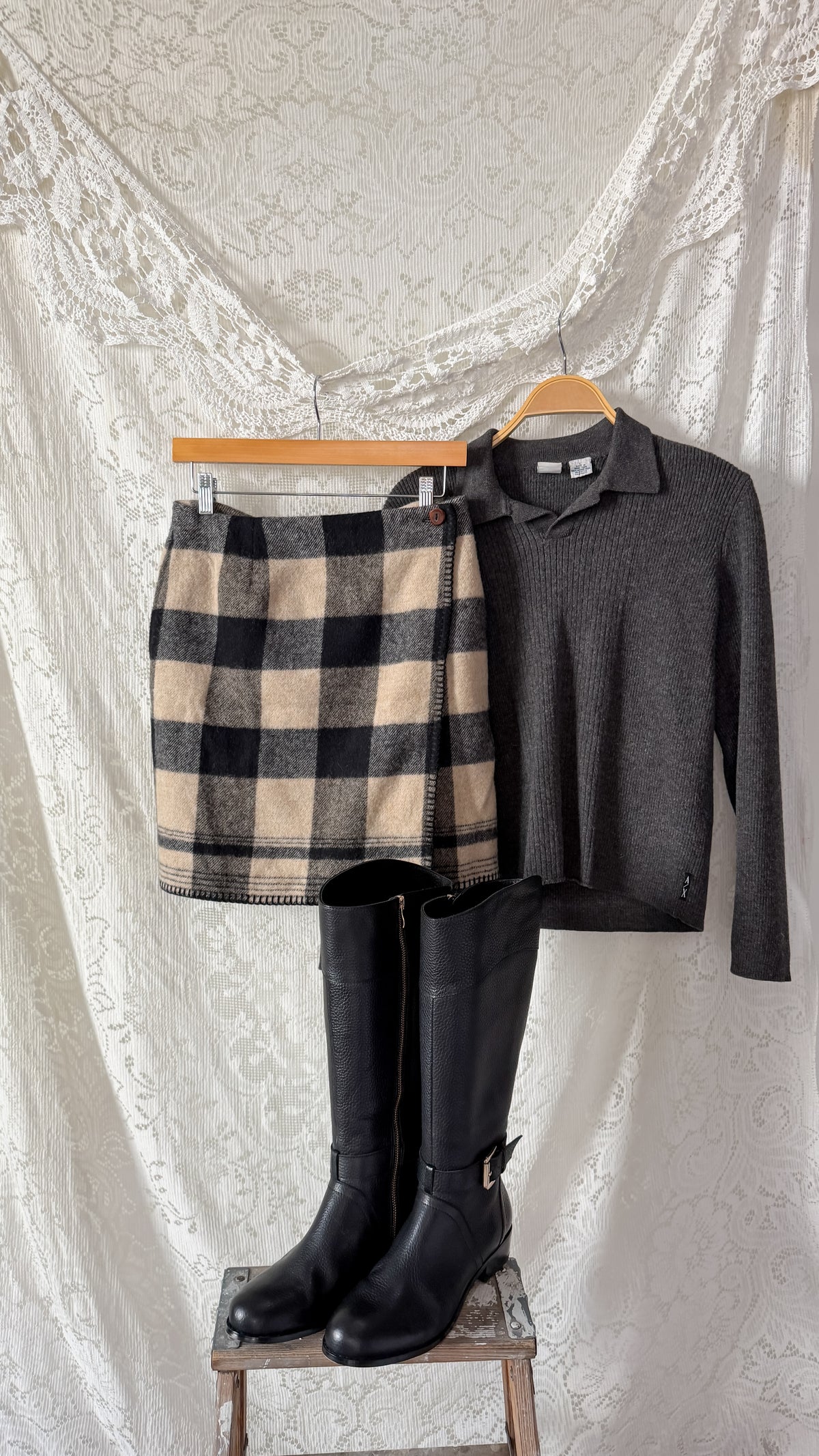 Vintage Ralph Lauren Country Tan & Black Wool Wrap Mini Skirt