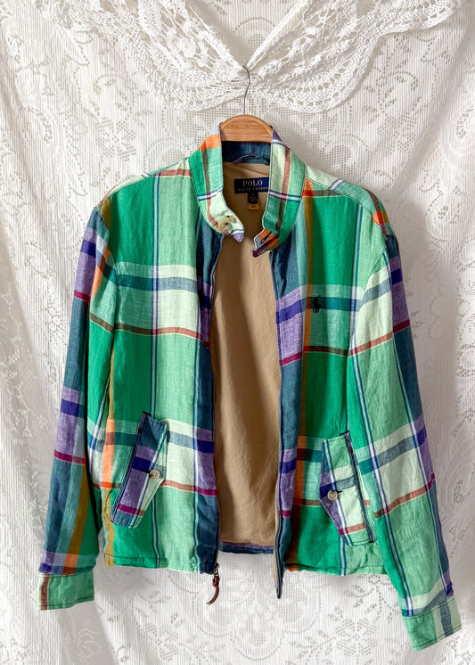 Polo Ralph Lauren Green Madras Plaid Linen Harrington Jacket (M)