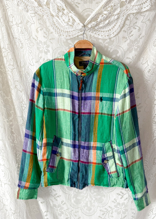 Polo Ralph Lauren Green Madras Plaid Linen Harrington Jacket (M)