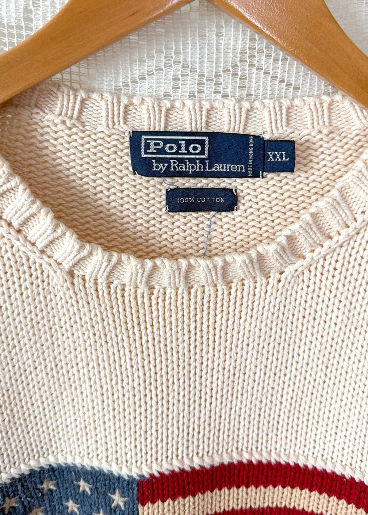 Vintage 90s Polo Ralph Lauren Cream American Flag 100% Cotton Crewneck Sweater