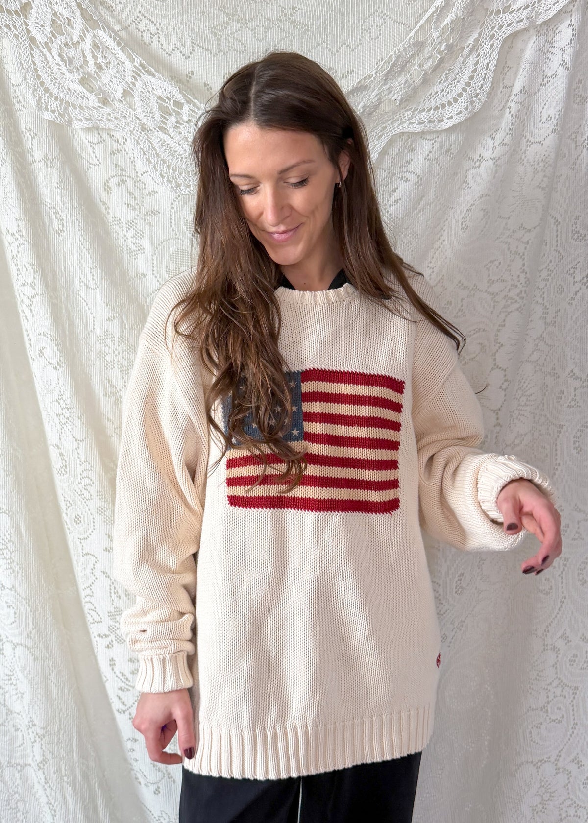 Vintage 90s Polo Ralph Lauren Cream American Flag 100% Cotton Crewneck Sweater