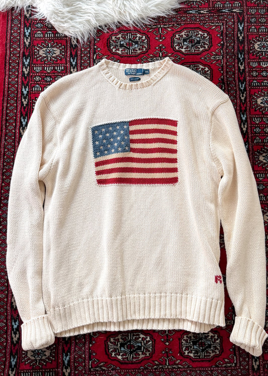 Vintage 90s Polo Ralph Lauren Cream American Flag 100% Cotton Crewneck Sweater