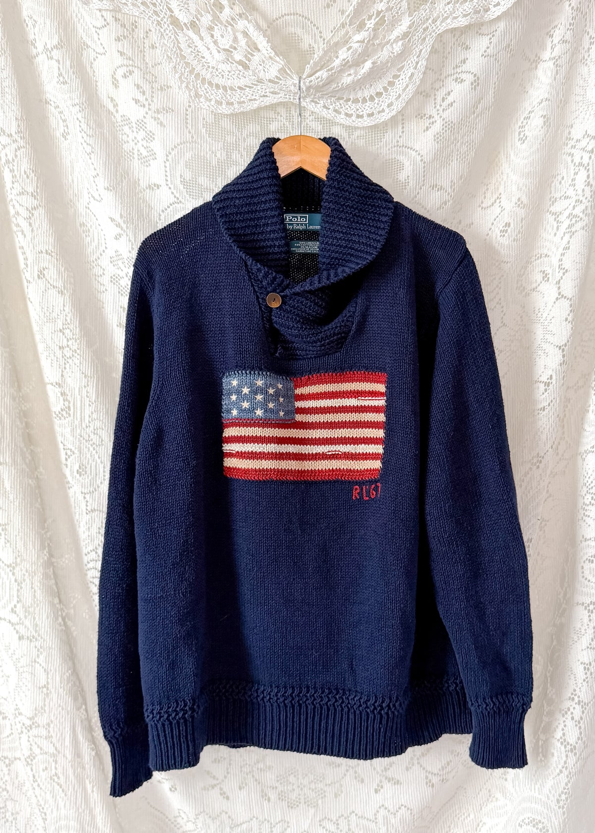 Polo Ralph Lauren RL67 American Flag Linen Cotton Shawl Collar Sweater Navy