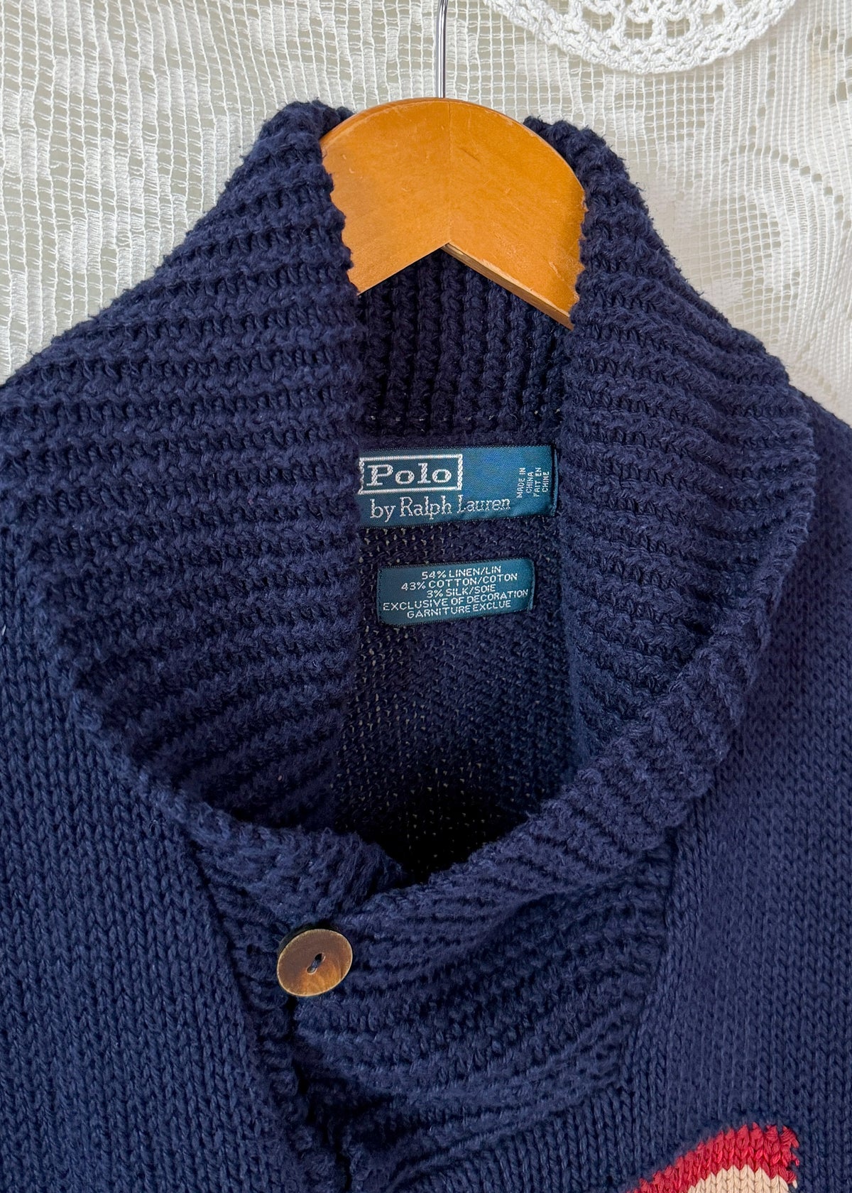 Polo Ralph Lauren RL67 American Flag Linen Cotton Shawl Collar Sweater Navy