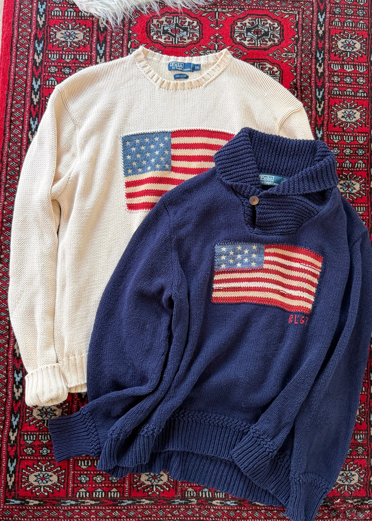 Polo Ralph Lauren RL67 American Flag Linen Cotton Shawl Collar Sweater Navy