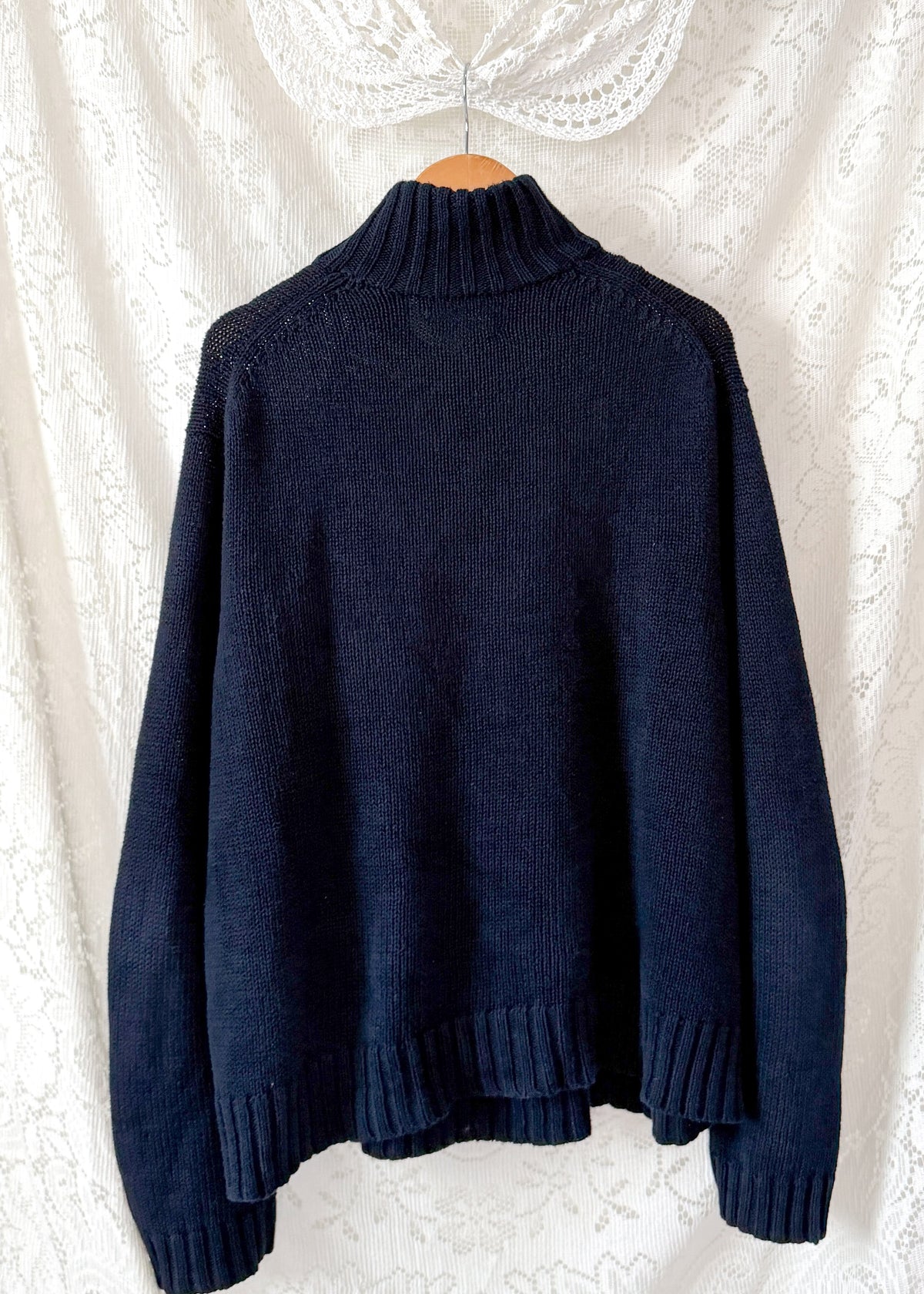 Vintage 00s Polo Ralph Lauren Navy RL67 American Flag Cotton Linen Mock Neck Button Sweater
