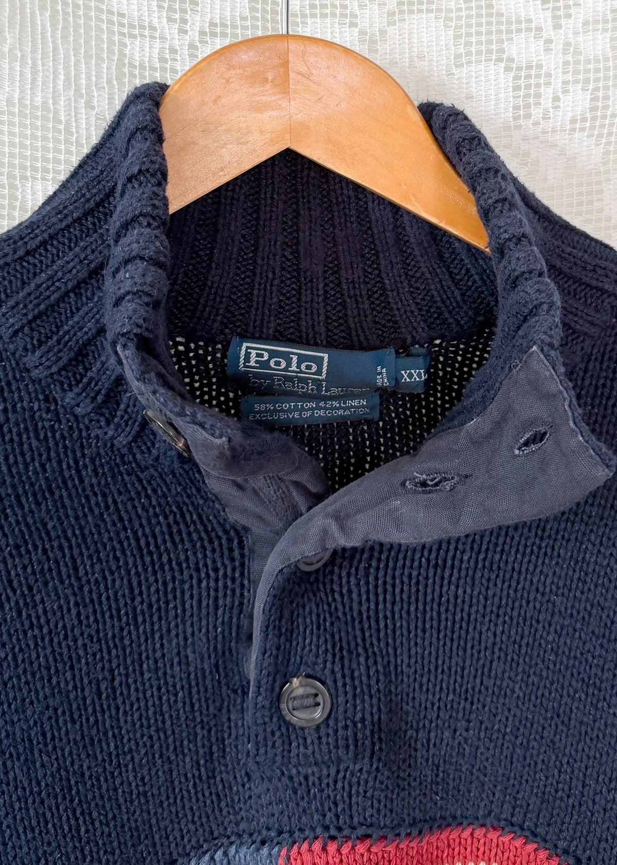 Vintage 00s Polo Ralph Lauren Navy RL67 American Flag Cotton Linen Mock Neck Button Sweater