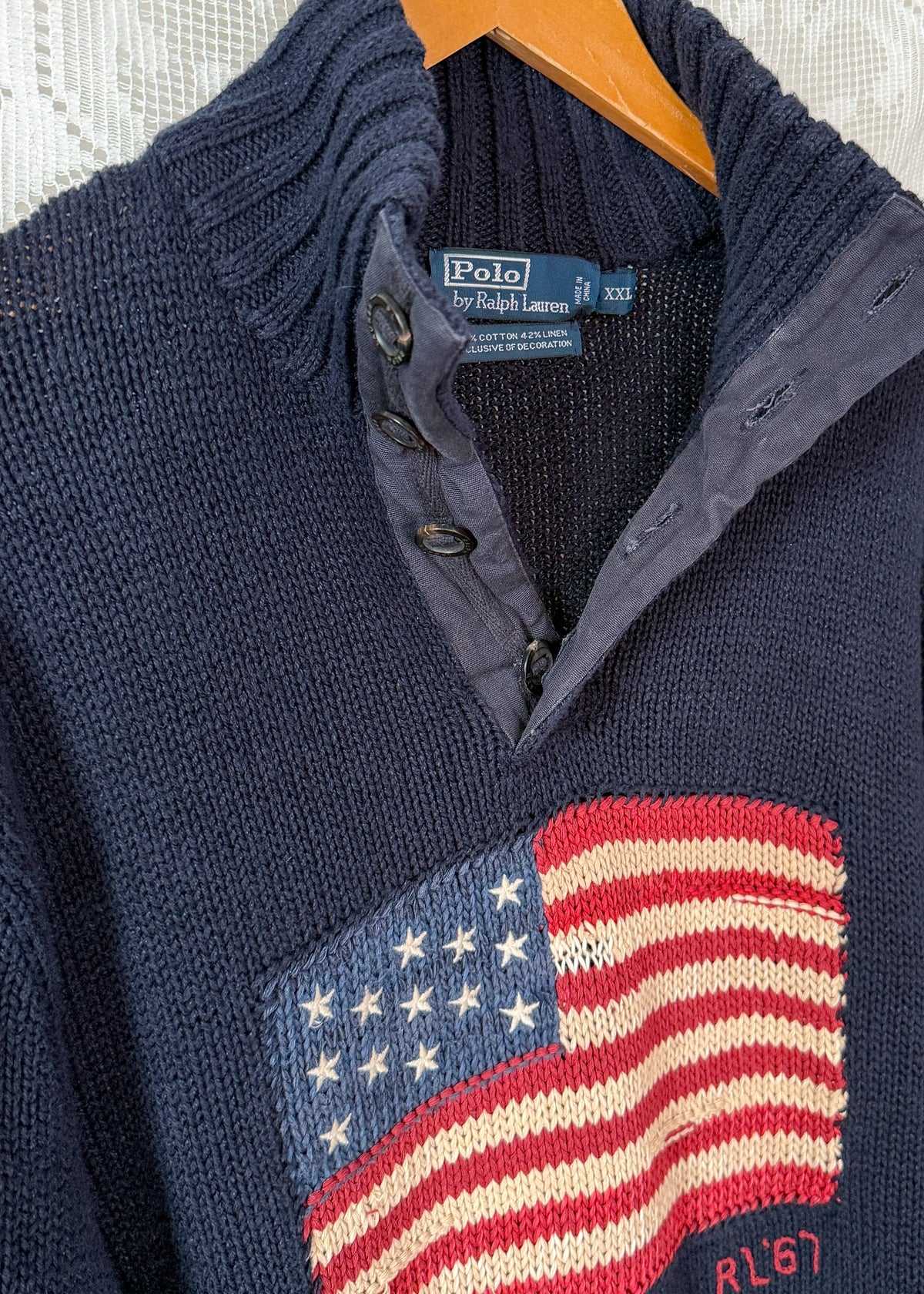 Vintage 00s Polo Ralph Lauren Navy RL67 American Flag Cotton Linen Mock Neck Button Sweater