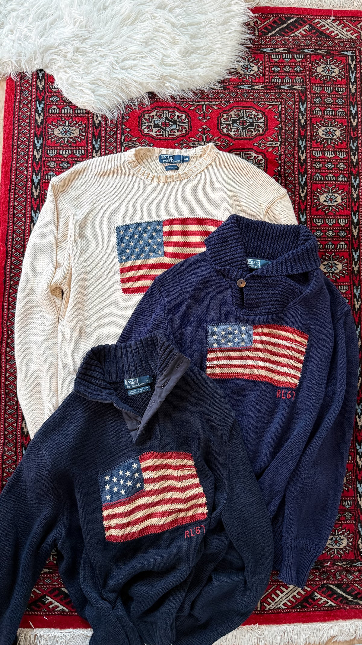 Vintage 00s Polo Ralph Lauren Navy RL67 American Flag Cotton Linen Mock Neck Button Sweater