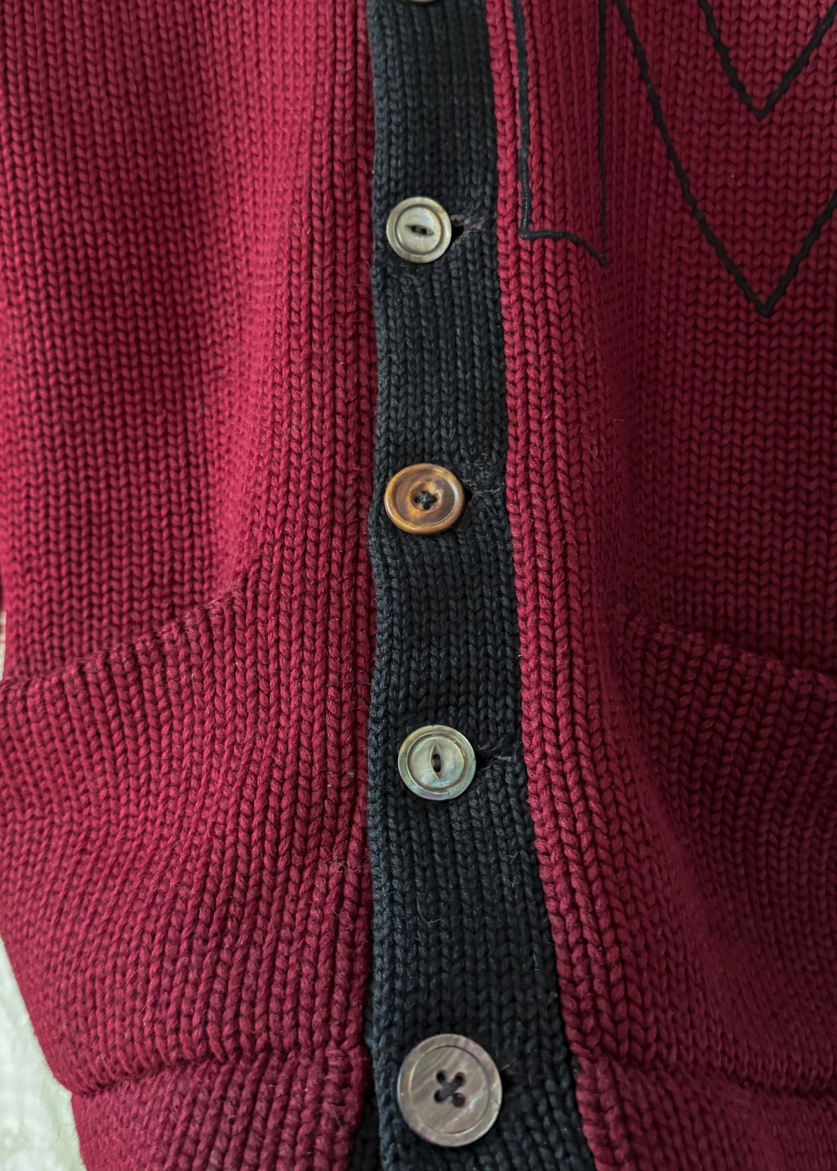 Vintage 30s / 40s Varsity Letterman Burgundy Black Wool Shawl Collar Cardigan Muskingum College University
