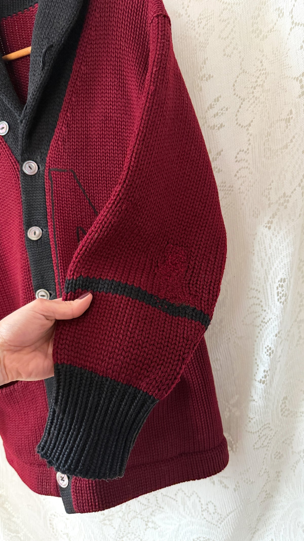 Vintage 30s / 40s Varsity Letterman Burgundy Black Wool Shawl Collar Cardigan Muskingum College University