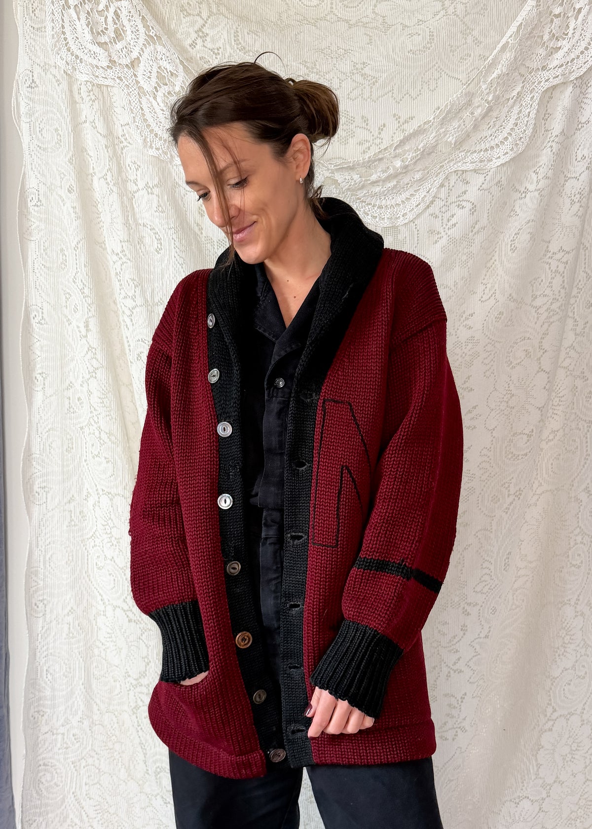 Vintage 30s / 40s Varsity Letterman Burgundy Black Wool Shawl Collar Cardigan Muskingum College University