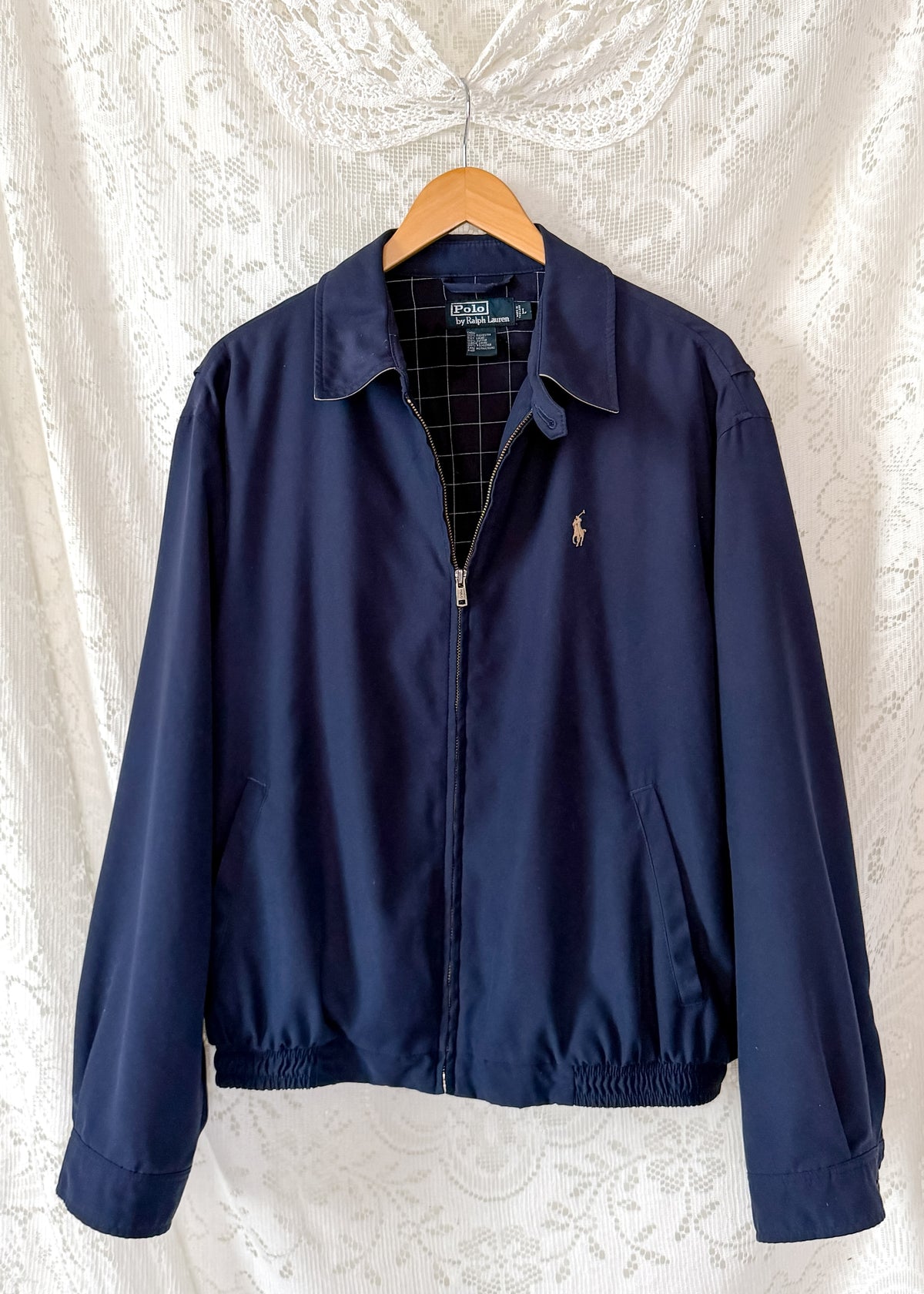 Vintage 90s Polo Ralph Lauren Classic Navy Harrington Jacket Windowpane Lining (L)