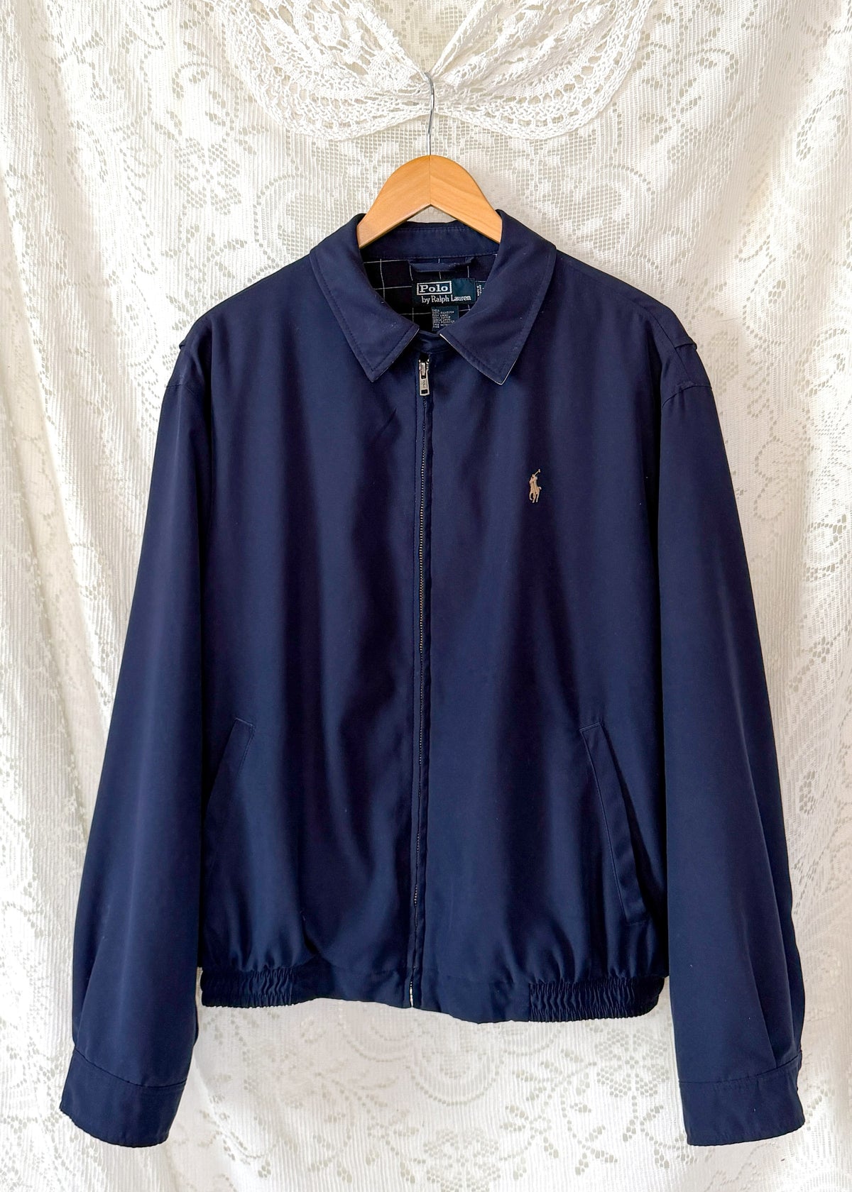 Vintage 90s Polo Ralph Lauren Classic Navy Harrington Jacket Windowpane Lining (L)