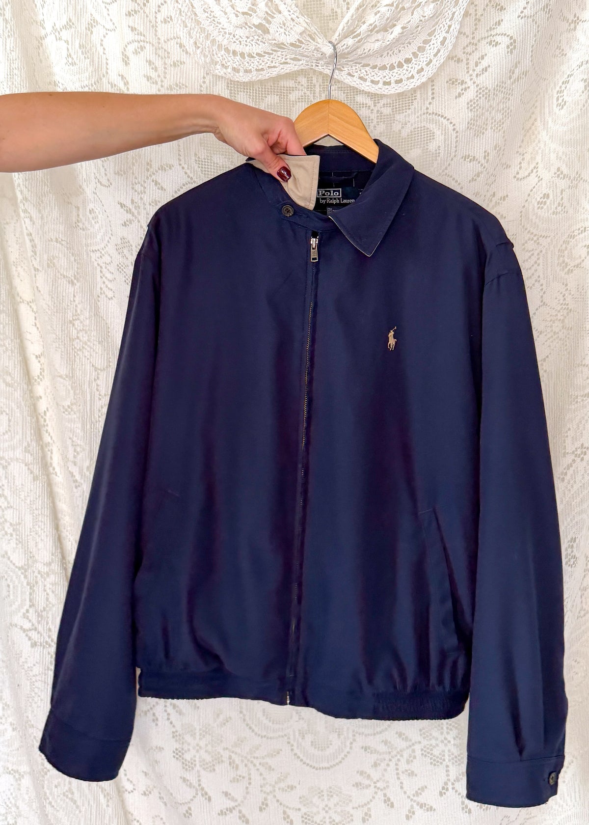 Vintage 90s Polo Ralph Lauren Classic Navy Harrington Jacket Windowpane Lining (L)