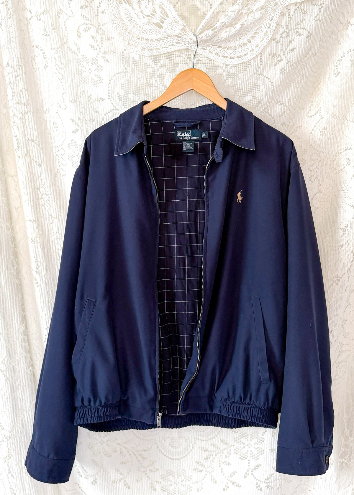Vintage 90s Polo Ralph Lauren Classic Navy Harrington Jacket Windowpane Lining (L)