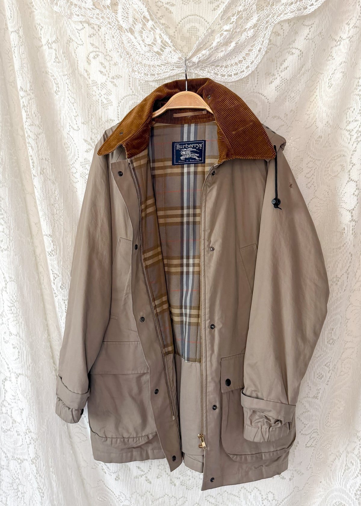 Vintage 90s Burberrys Taupe Khaki  Plaid Lined Field Coat with Hood Made in England