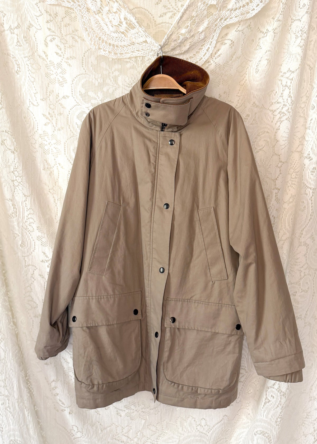 Vintage 90s Burberrys Taupe Khaki  Plaid Lined Field Coat with Hood Made in England