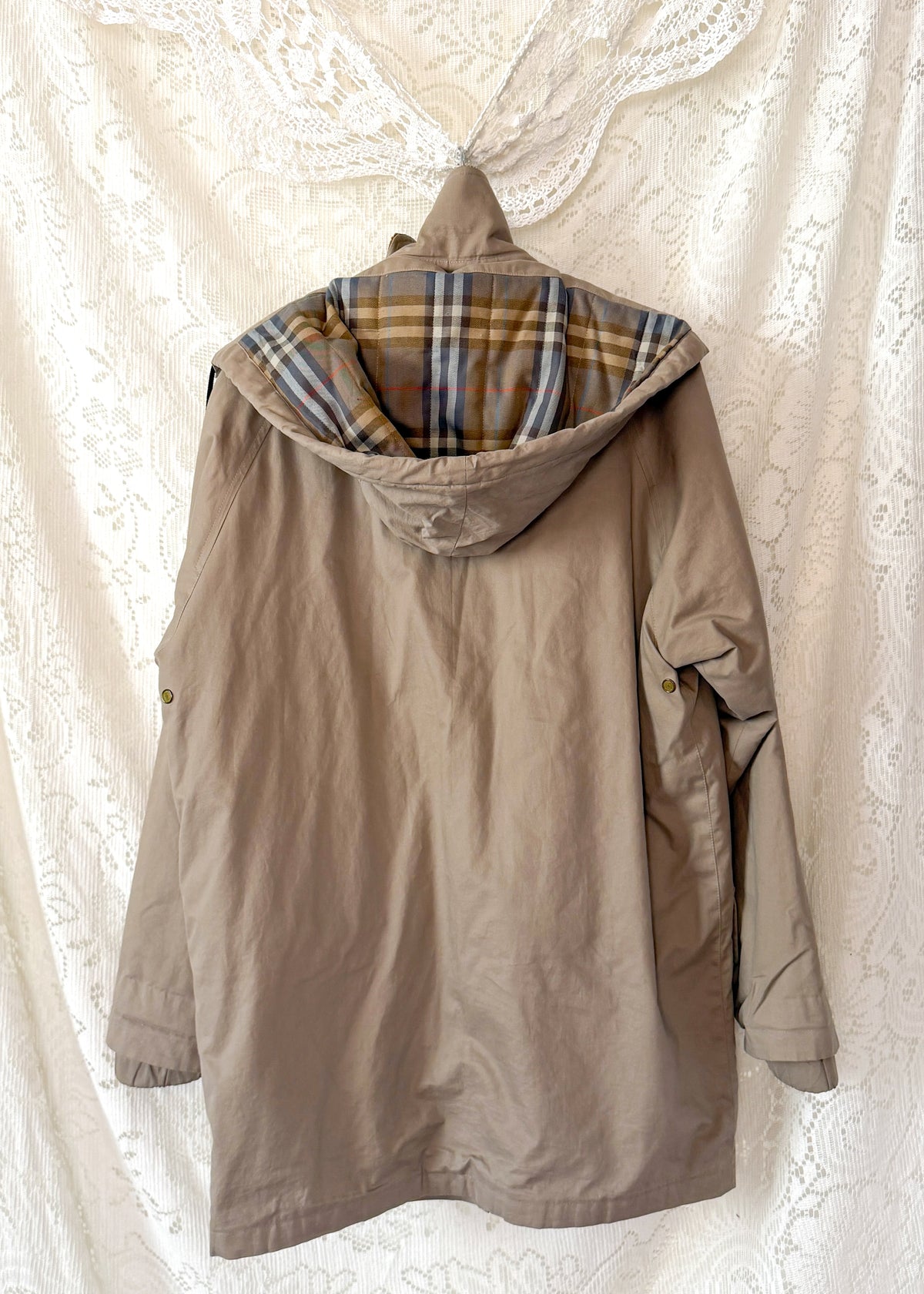 Vintage 90s Burberrys Taupe Khaki  Plaid Lined Field Coat with Hood Made in England