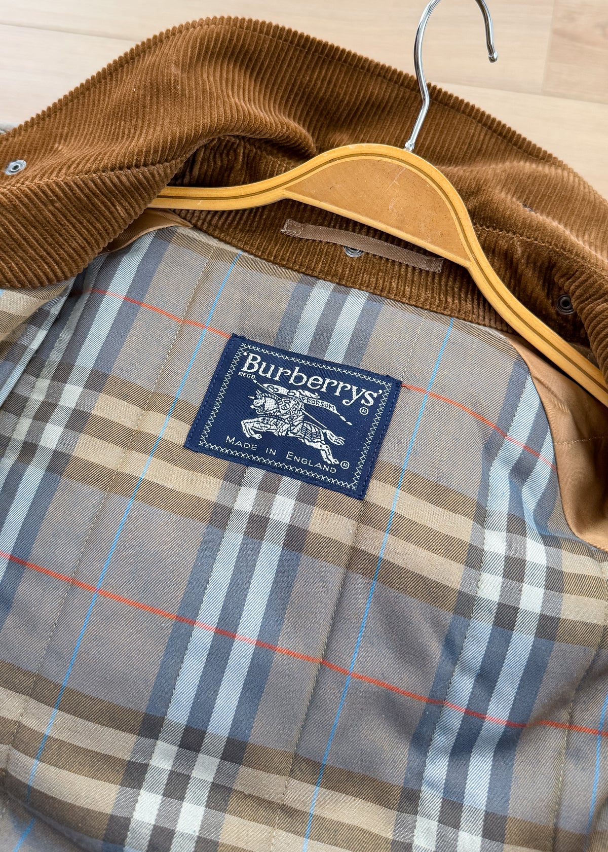 Vintage 90s Burberrys Taupe Khaki  Plaid Lined Field Coat with Hood Made in England