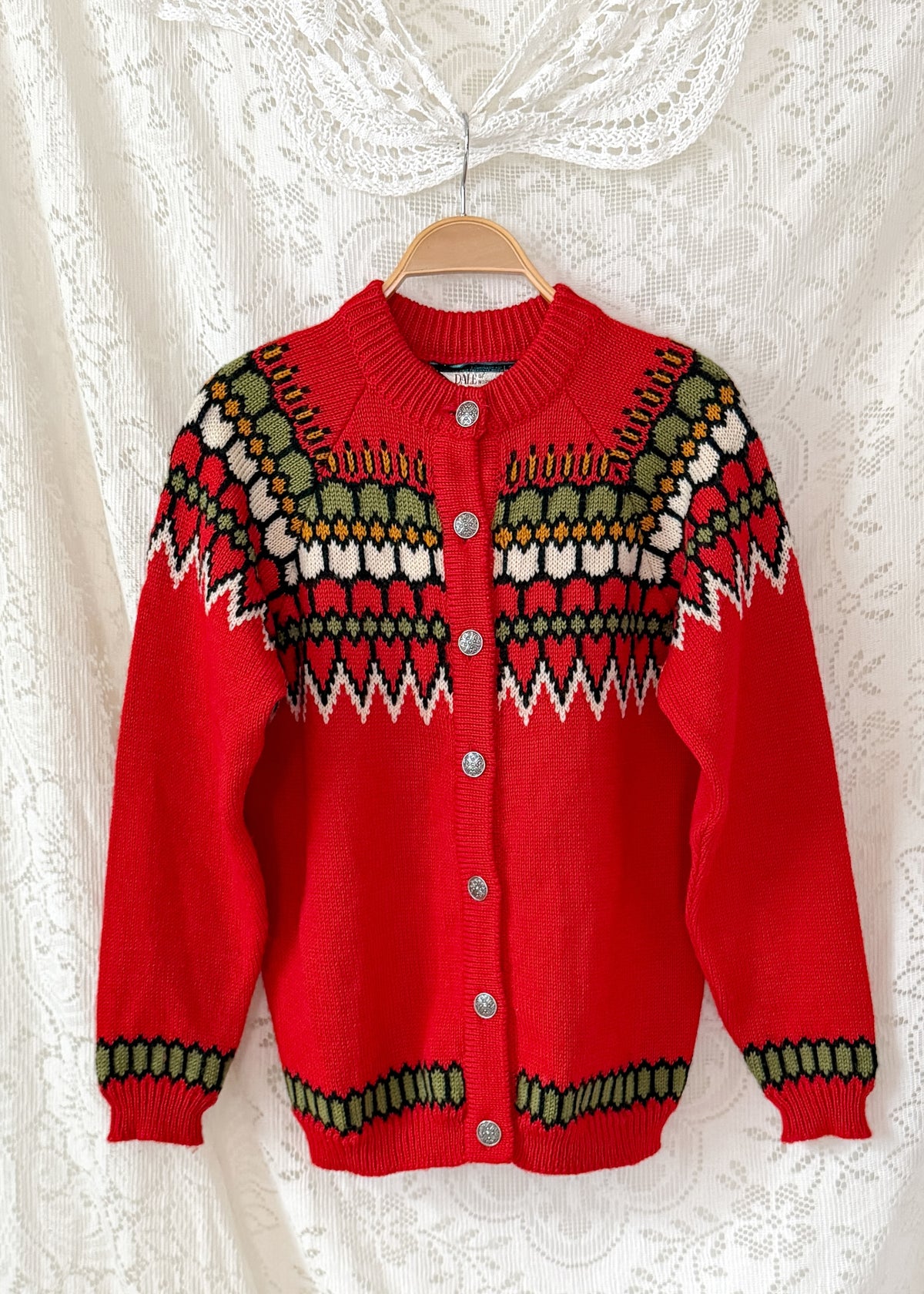 Vintage Dale of Norway Red Nordic Fair Isle Wool Cardigan