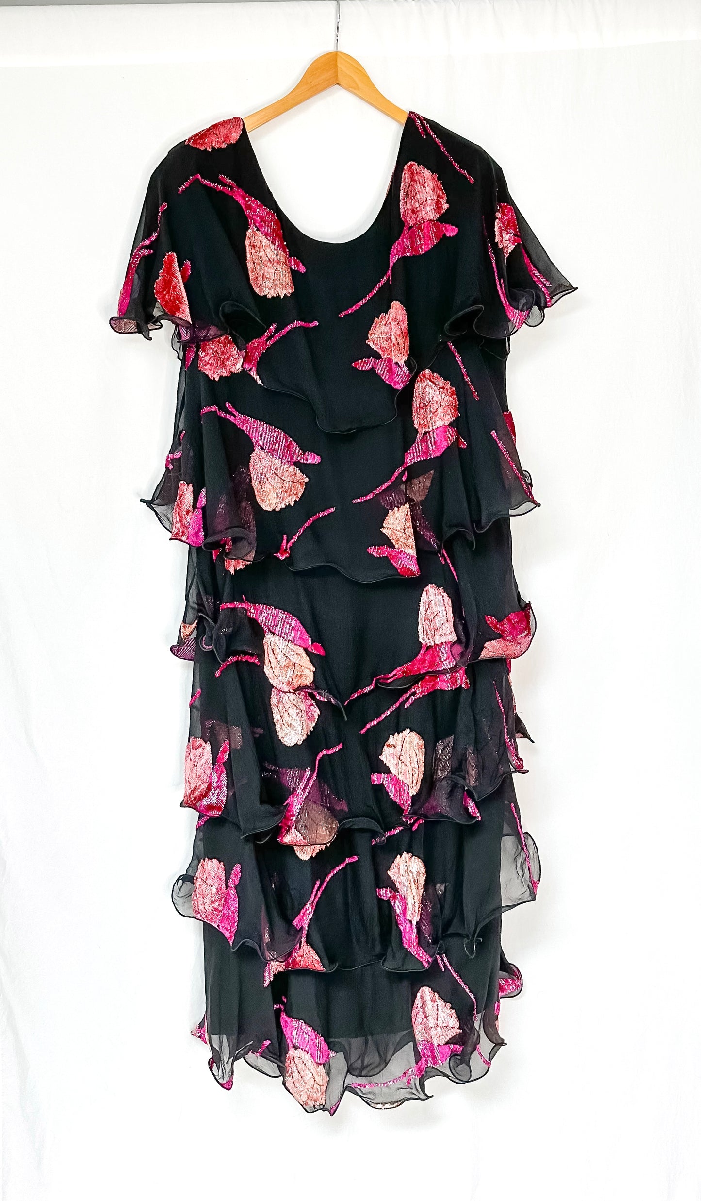 Vintage Russell Trusso Black Silk Embellished Tiered Dress (L/XL)