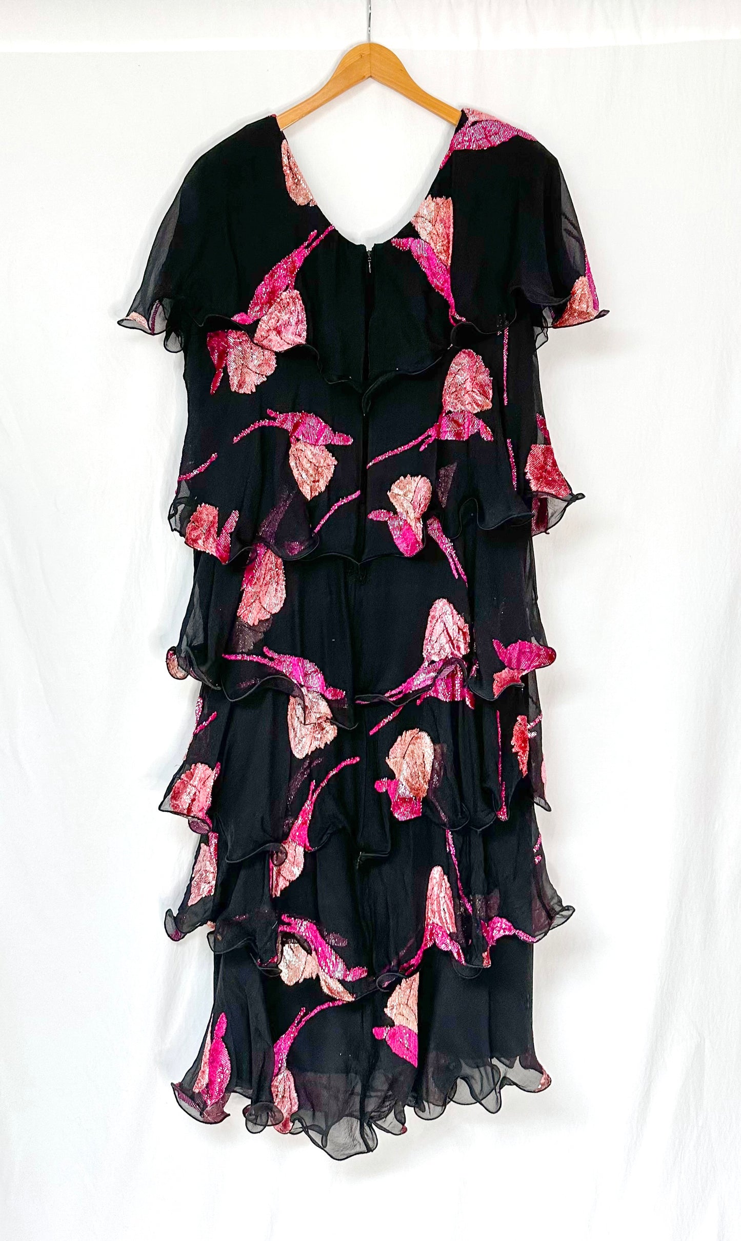 Vintage Russell Trusso Black Silk Embellished Tiered Dress (L/XL)