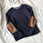 Billy Reid Dover Sweatshirt with Leather Elbow Patches in Dark Midnight (men's L)
